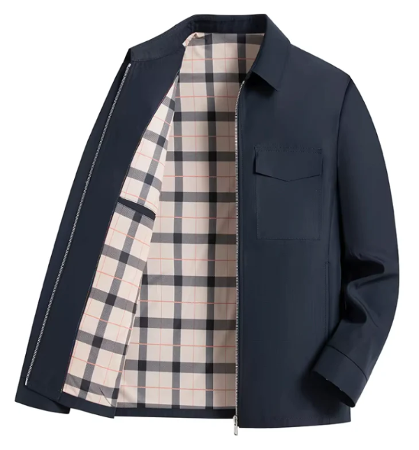 Men's slim fit hip-length jacket with zipper front pockets, tailored cut for smart-casual style