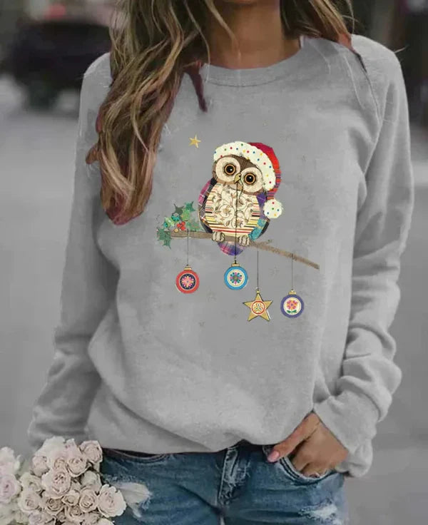 Women's relaxed fit crew neck sweatshirt cotton blend with festive owl print cozy everyday style