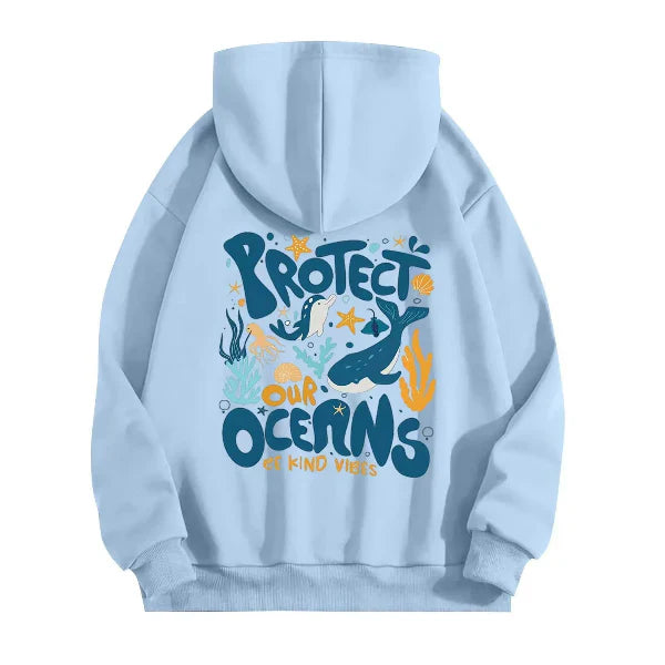 Women's oversized gray hoodie sweatshirt with marine graphic back print, casual coastal street style