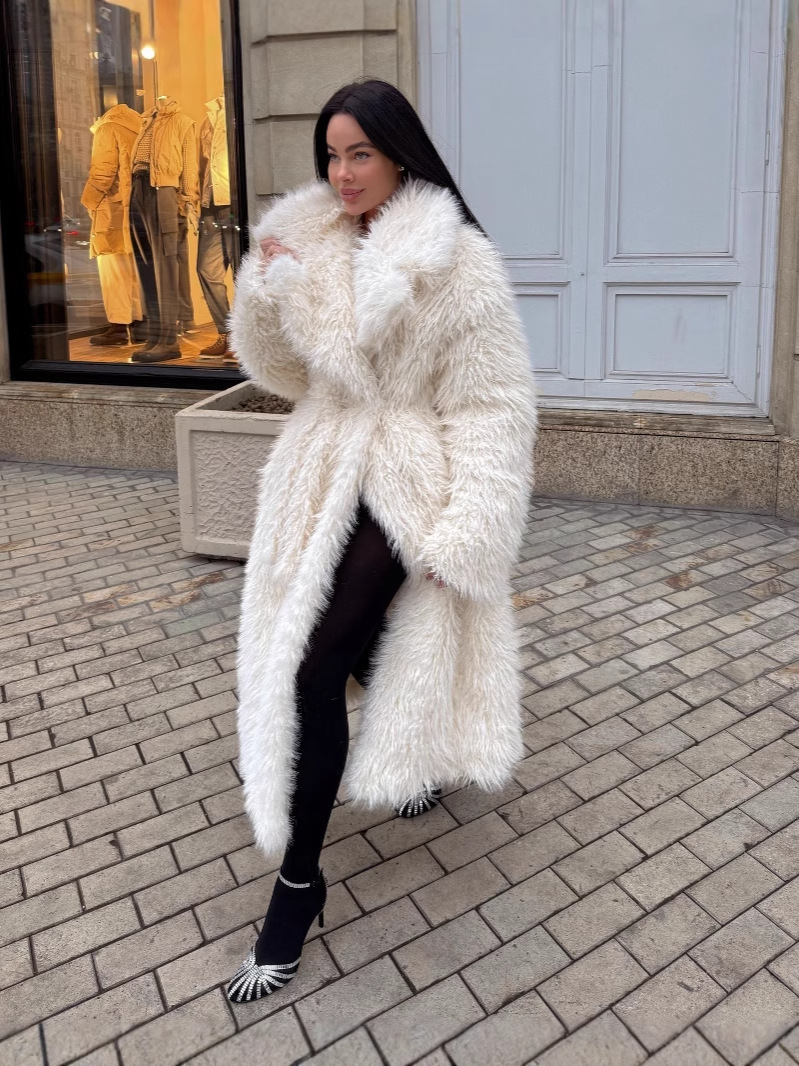Women's oversized mid-length faux fur coat open front plush texture cozy winter outerwear
