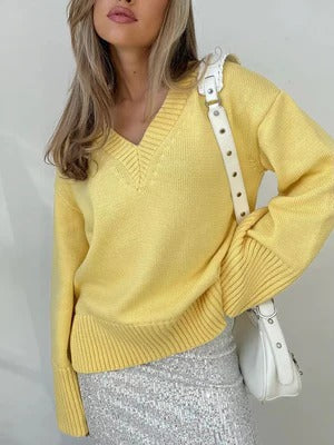 Women's soft knit pullover sweater relaxed fit V-neck long sleeve with ribbed trim