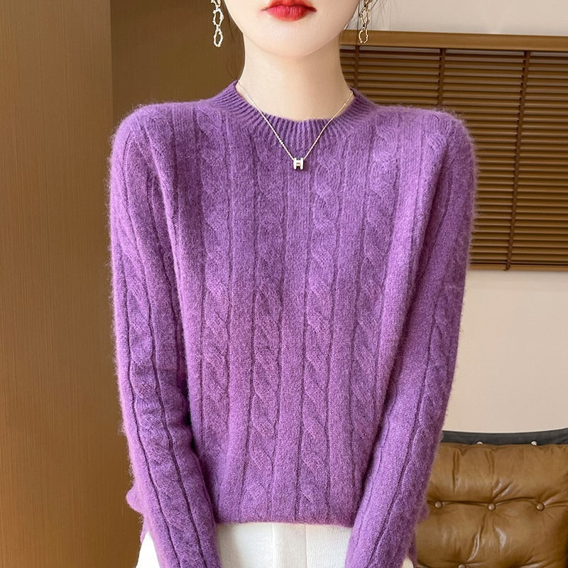 Women's wool cable-knit pullover sweater, relaxed fit long sleeve in neutral tones