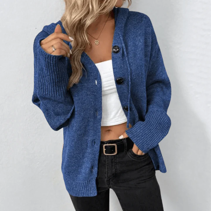 Women's wool knit cardigan relaxed fit button-front with ribbed cuffs and hem, cozy everyday layering piece
