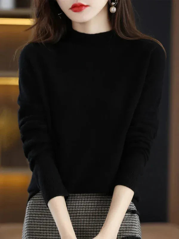 Women's wool blend pullover sweater regular fit long sleeve ribbed crew neck cozy style