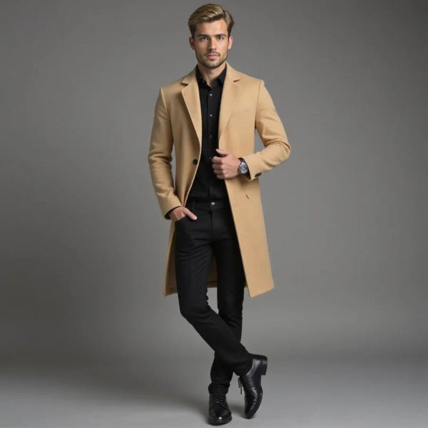 Men's charcoal wool blend long coat tailored fit single-breasted professional winter outerwear