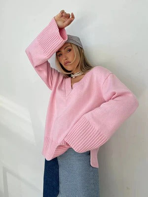 Women's soft knit pullover sweater relaxed fit V-neck long sleeve with ribbed trim