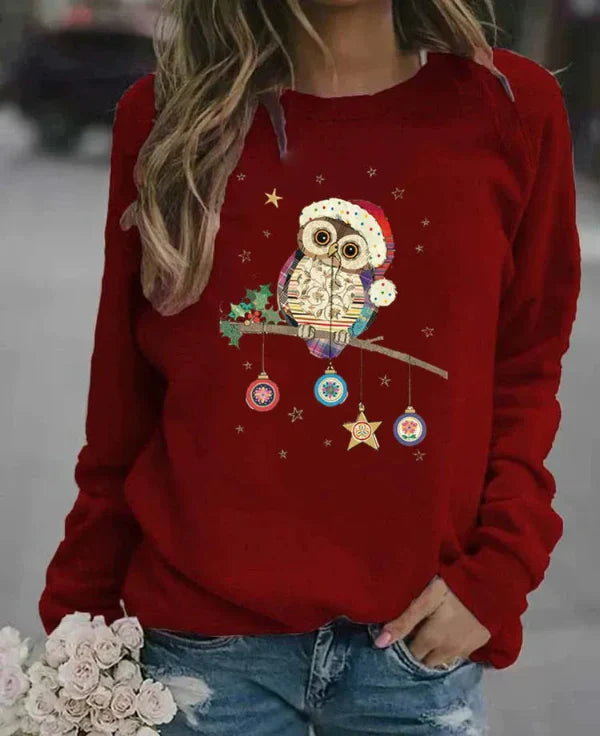 Women's relaxed fit cotton blend crew neck sweatshirt with festive owl print for cozy everyday style