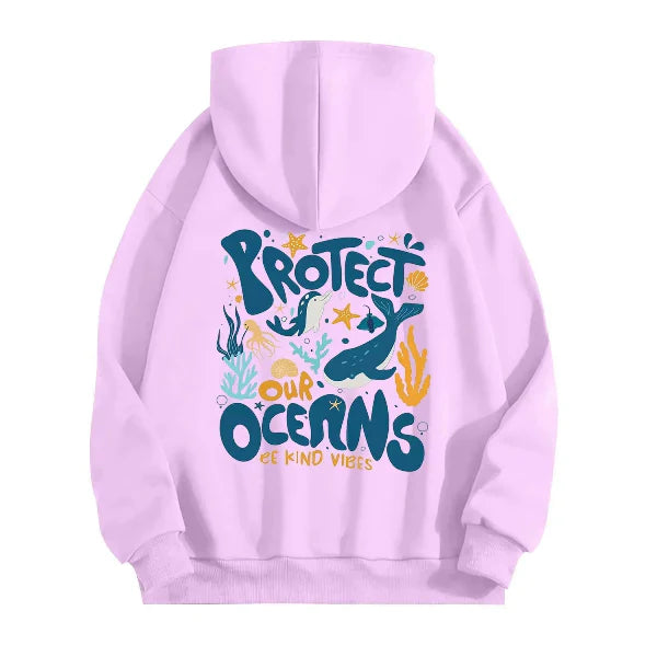 Women's oversized grey hoodie sweatshirt with bold marine graphic back print, casual cotton-feel comfort