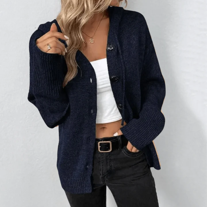 Women's wool knit cardigan relaxed fit button-front with ribbed cuffs and hem, cozy layering essential