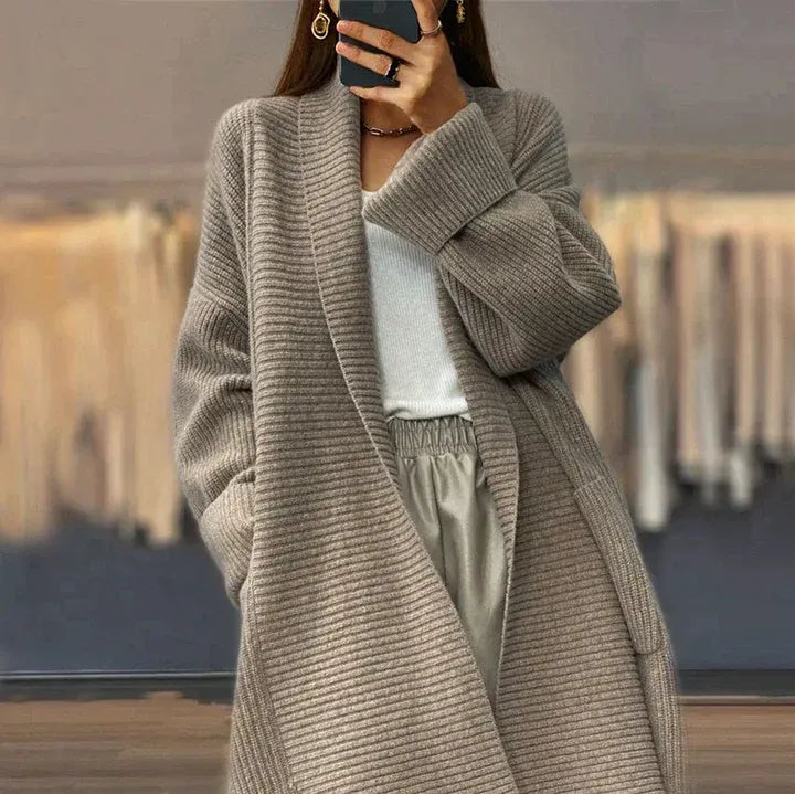 Women's oversized long cardigan wool blend ribbed knit open front layering piece neutral tones