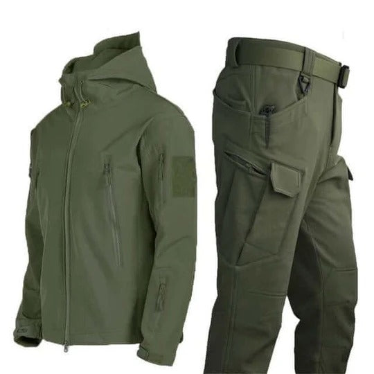 Men's gray hooded zip jacket and cargo pants two-piece outdoor set with weather-resistant technical fit