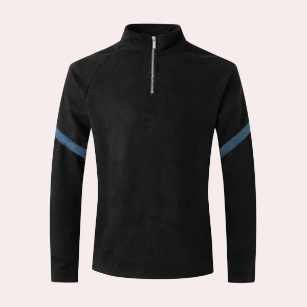 Men's navy wool blend quarter-zip pullover sweater with high neck and raglan sleeves relaxed fit