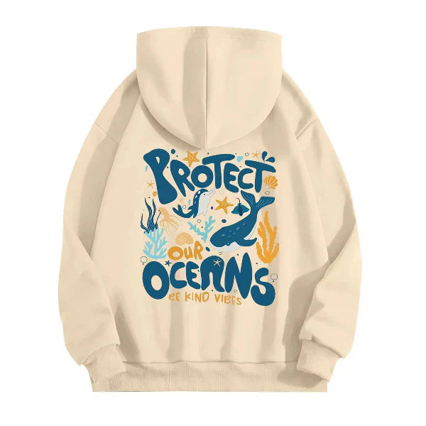 Women's oversized gray hoodie sweatshirt with bold marine graphic back print, cozy cotton-feel fabric
