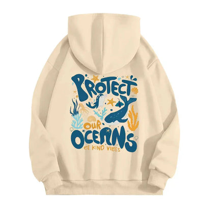 Women's oversized gray hoodie sweatshirt with bold marine graphic back print, cozy cotton-feel fabric