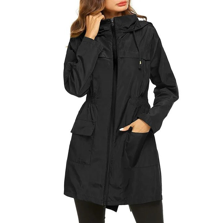 Olivia slim-fit rainjacket lightweight durable adjustable hood weatherproof modern style