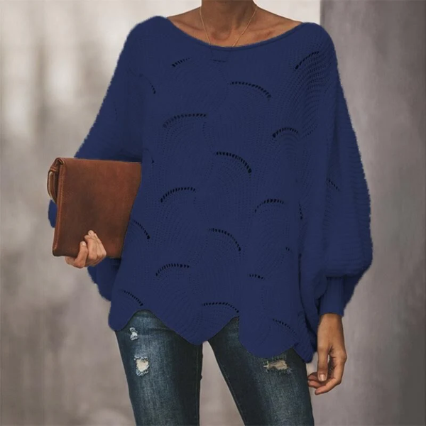 Women's cream open knit wool blend sweater relaxed fit batwing sleeves scalloped hem