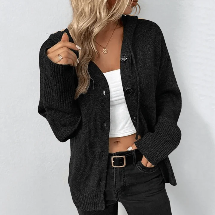 Women's wool knit cardigan relaxed fit button-front ribbed cuffs cozy layering style