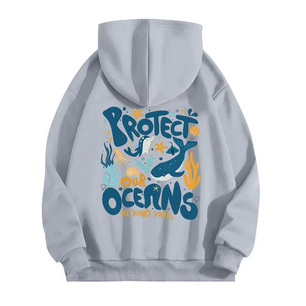 Women's oversized gray hoodie sweatshirt with marine graphic back print, cotton-feel casual streetwear