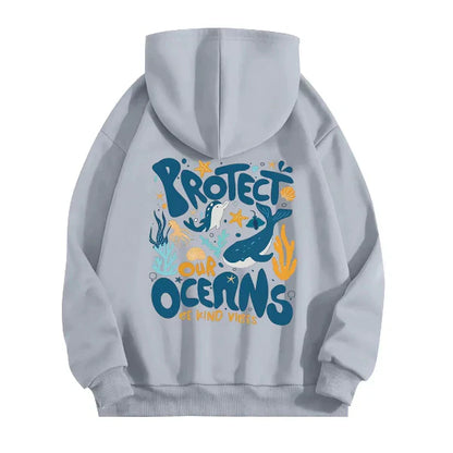 Women's oversized gray hoodie sweatshirt with marine graphic back print, cotton-feel casual streetwear