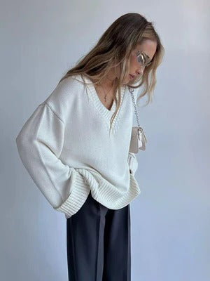 Women's soft knit pullover sweater relaxed fit V-neck long sleeve with ribbed trim