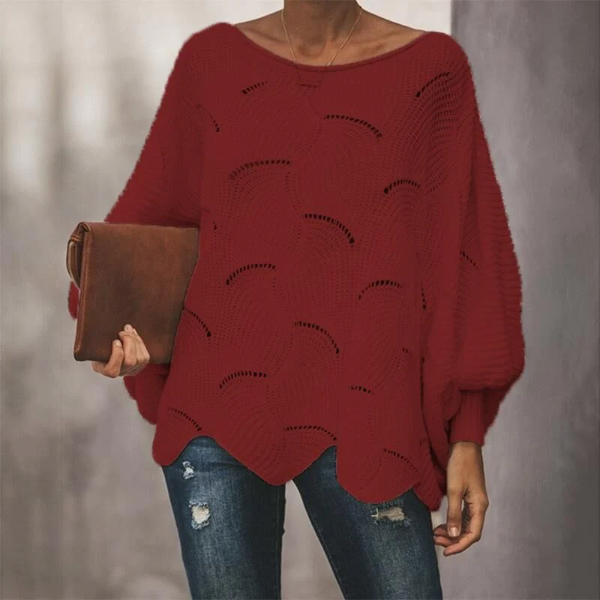 Women's open knit wool blend sweater relaxed fit batwing sleeves scalloped hem cozy all season