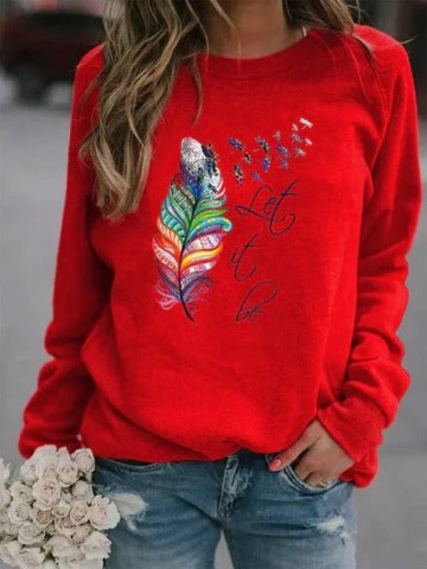 Women's relaxed-fit cotton-feel knit pullover sweater with delicate feather print casual style