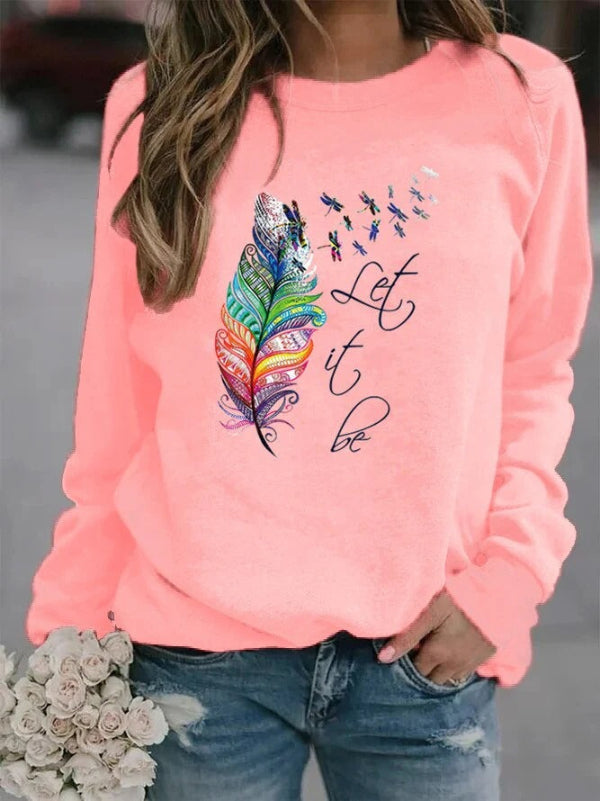 Women's relaxed-fit cotton-feel knit pullover sweater with delicate feather print in casual style
