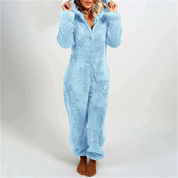 Women's plush fuzzy hooded onesie relaxed fit full-length loungewear cozy sleepwear