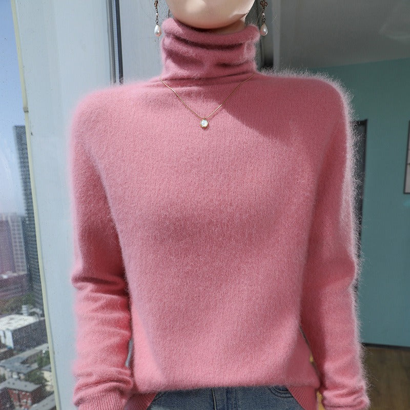 Women's wool blend turtleneck sweater relaxed fit with plush pile collar and ribbed cuffs