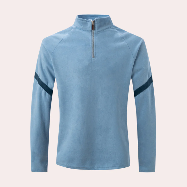 Men's navy wool blend quarter-zip pullover sweater with high neck and raglan sleeves relaxed fit