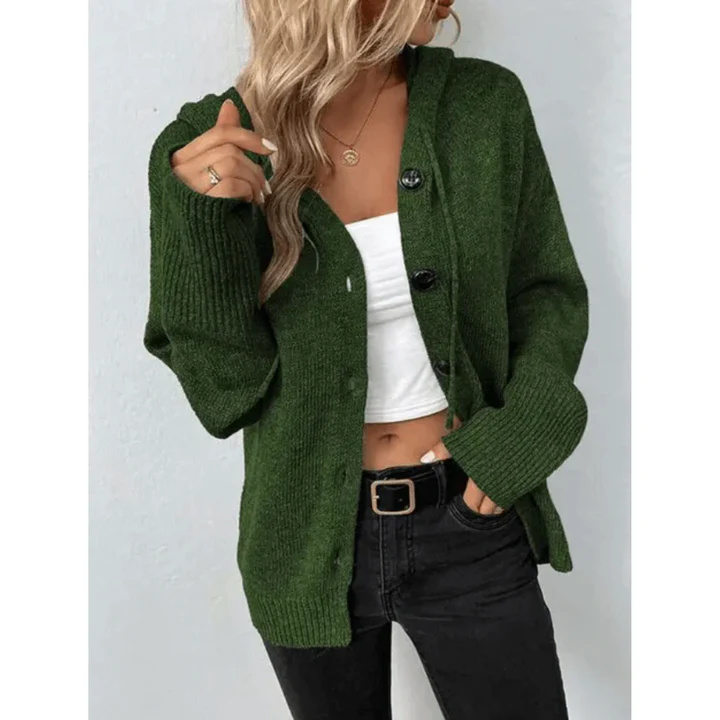 Women's wool knit cardigan relaxed fit button-front with ribbed cuffs and hem, cozy layering essential