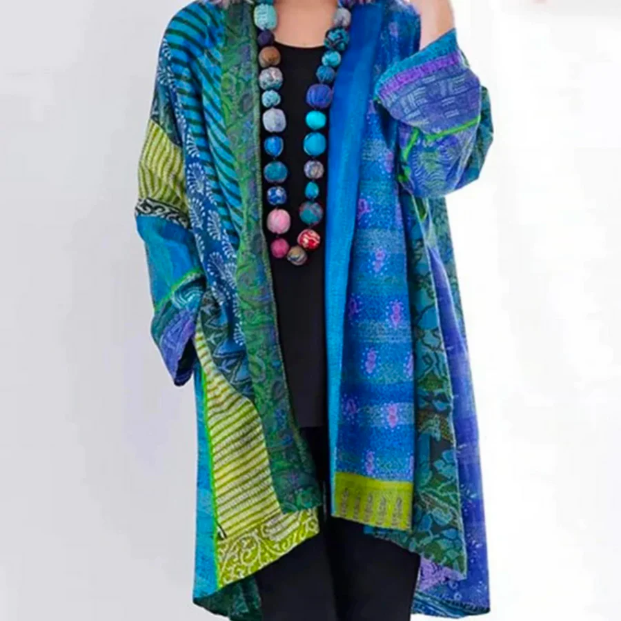 Women's oversized open-front wool knit cardigan in bohemian long-length style for cozy layering
