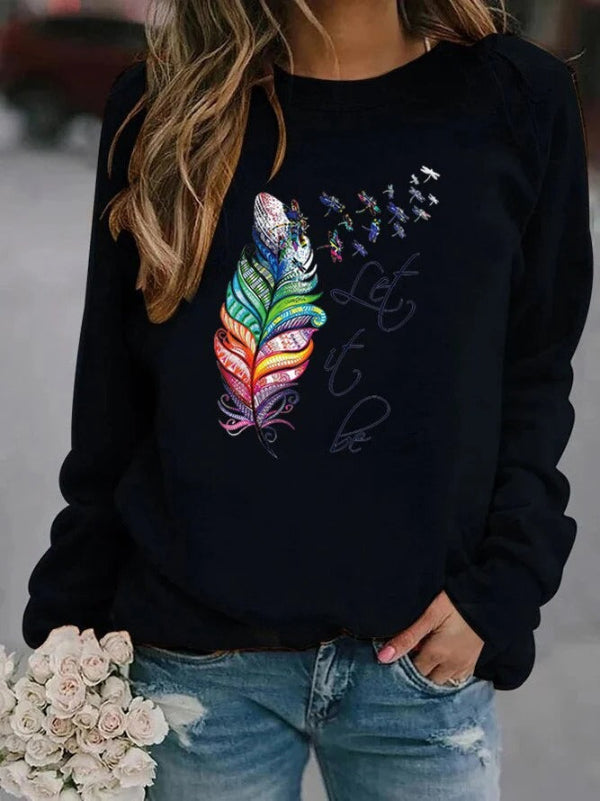 Women's relaxed-fit casual pullover sweater in neutral cotton-feel knit with delicate feather print