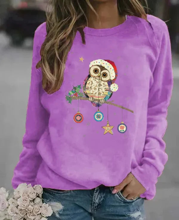 Women's relaxed fit crew neck sweatshirt cotton blend with festive owl print in cozy autumn style