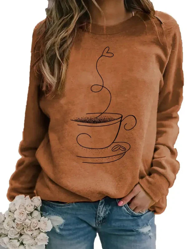Women's relaxed fit crew neck sweatshirt cotton blend with coffee cup graphic print