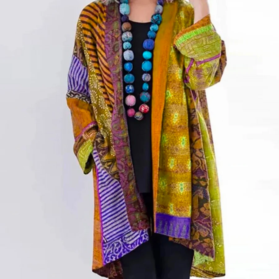 Women's oversized open-front wool knit cardigan in bohemian long-length style for cozy layering