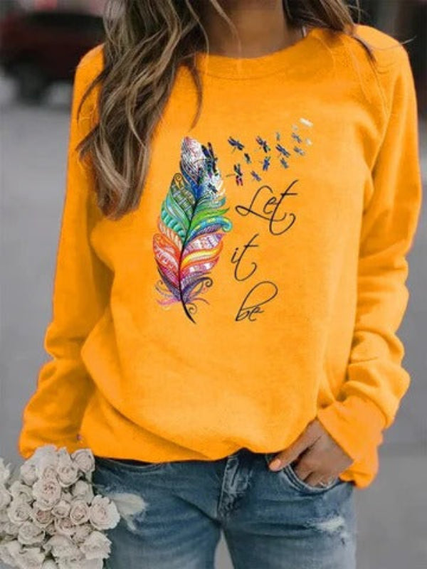 Women's relaxed-fit cotton-feel knit pullover sweater with delicate feather print casual style