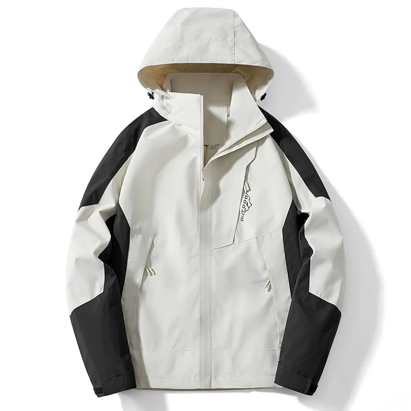 Men's water-resistant outdoor jacket with adjustable hood, zipper closure, versatile urban-trail style