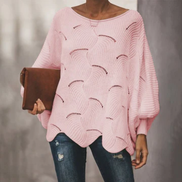 Women's beige open knit wool blend sweater relaxed fit batwing sleeves scalloped hem cozy style