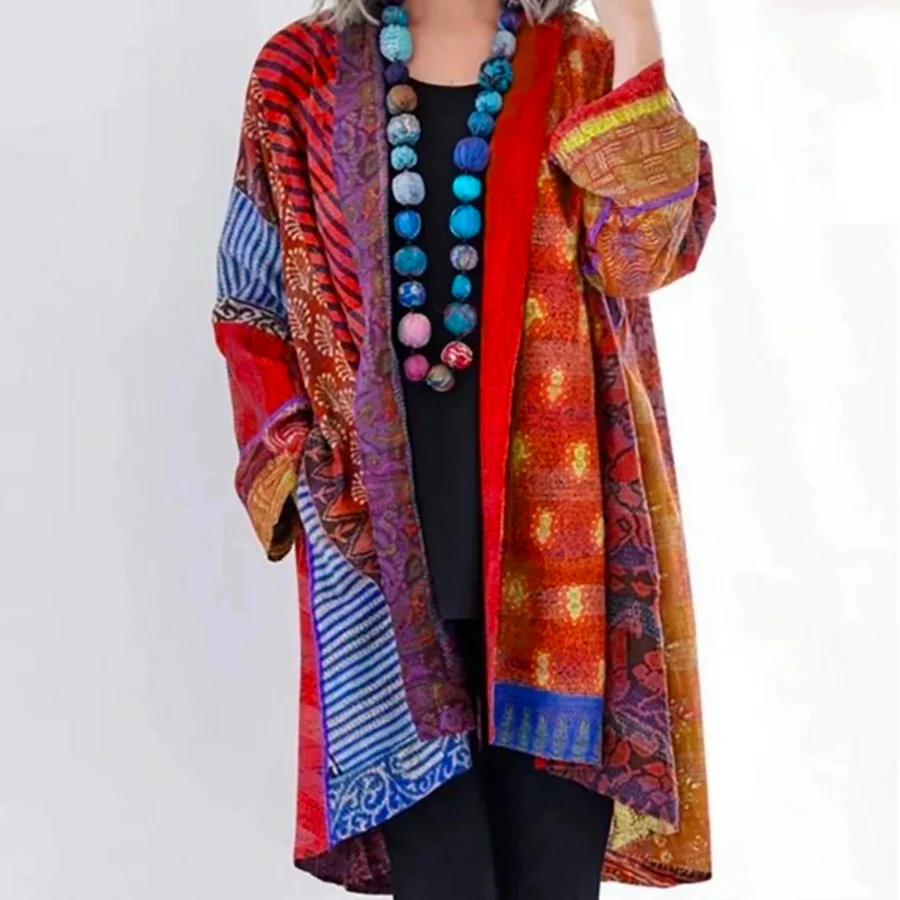 Women's oversized open-front wool knit cardigan in bohemian long length for cozy layering