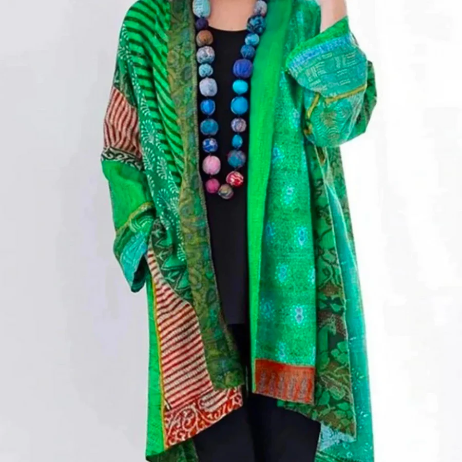 Women's oversized open-front wool knit cardigan in bohemian long-length style for cozy layering