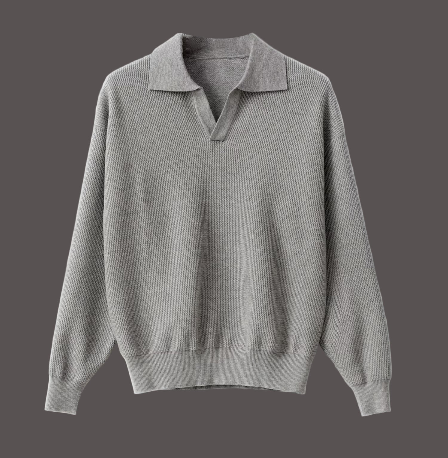 Men's navy knit sweater spread polo collar relaxed fit ribbed cuffs long sleeves fall casual style