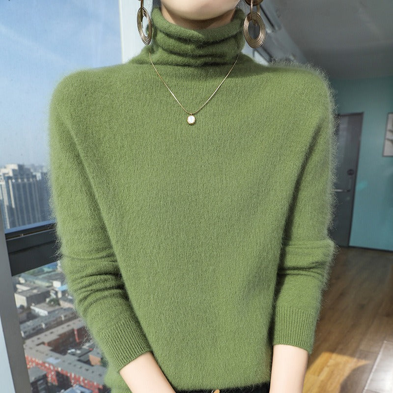 Women's wool blend turtleneck sweater relaxed fit with plush pile collar and ribbed cuffs