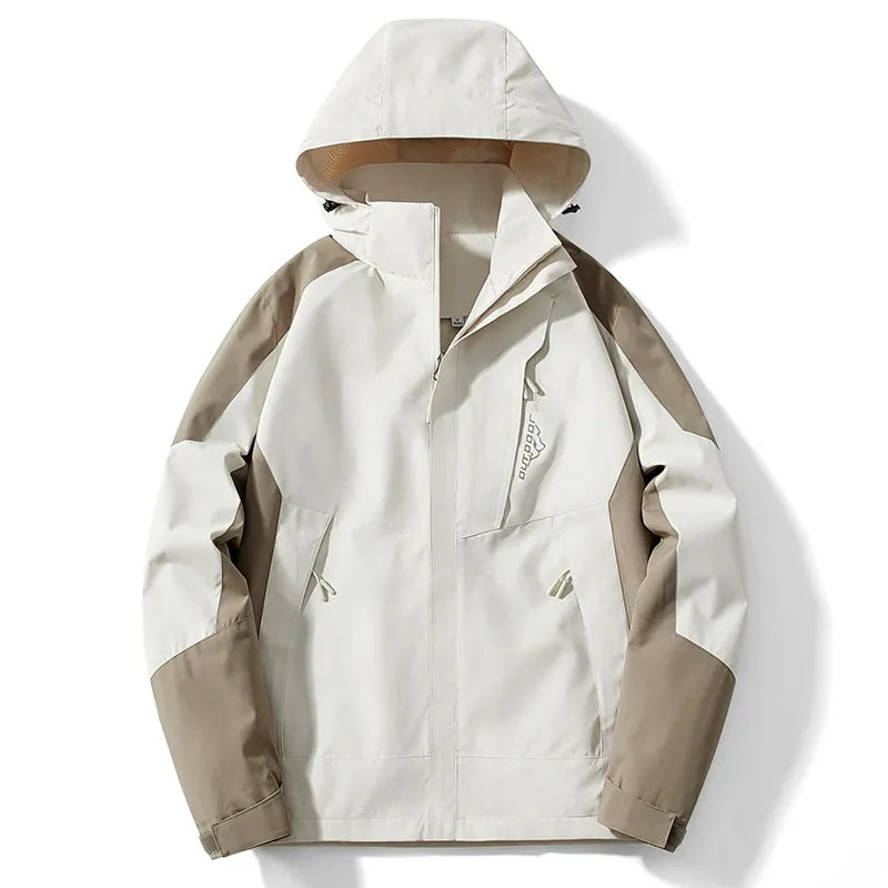 Men's water-resistant outdoor jacket with adjustable hood, zipper closure, urban trail style