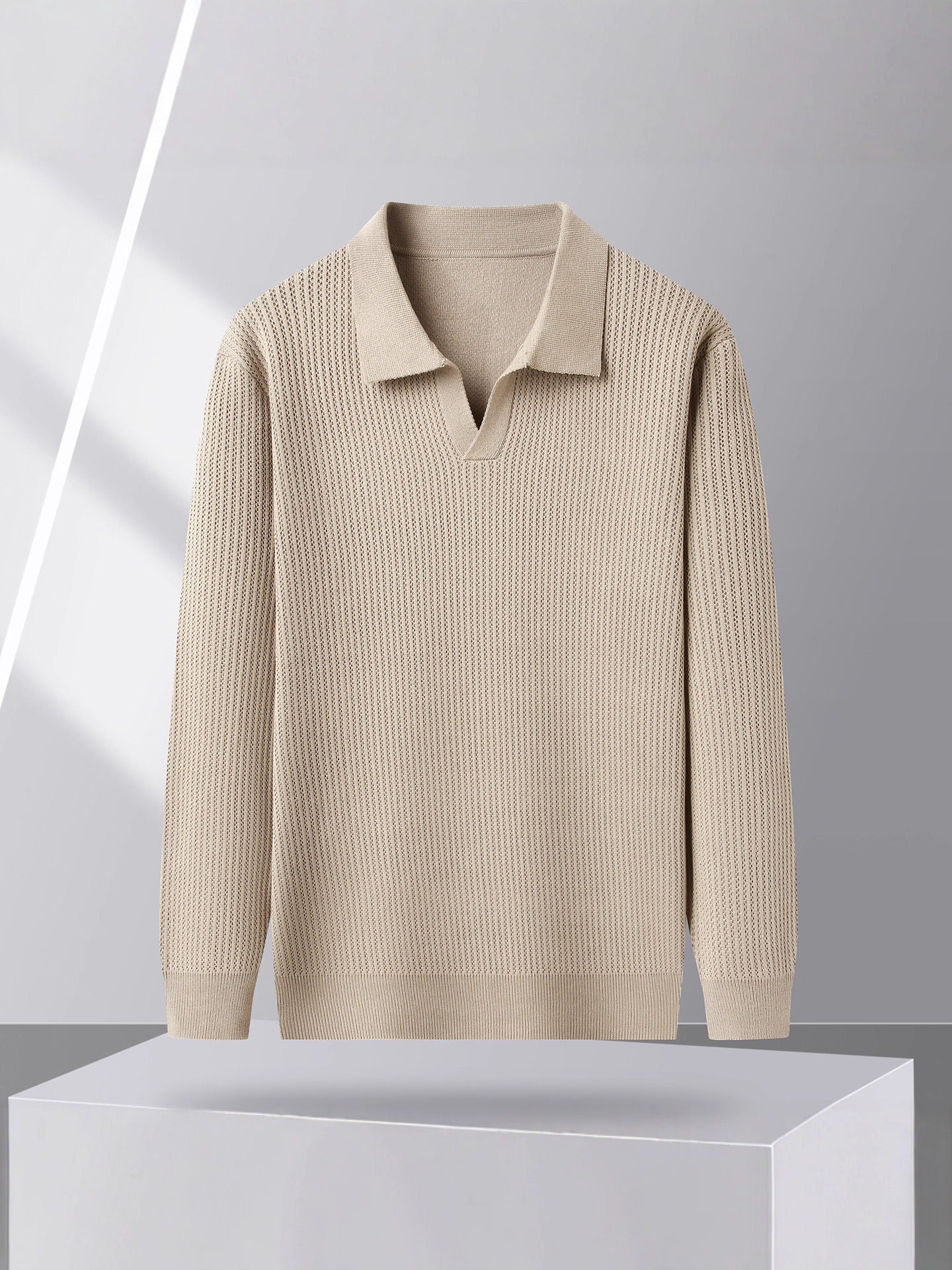 Men's beige knit sweater spread polo collar relaxed fit ribbed cuffs long sleeves fall casual style
