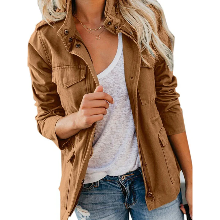 Women's relaxed utility jacket in cotton blend with zip front closure and multi-pocket functional design