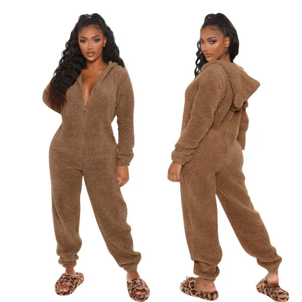 Women's plush fuzzy hooded onesie relaxed fit full length loungewear cozy sleepwear