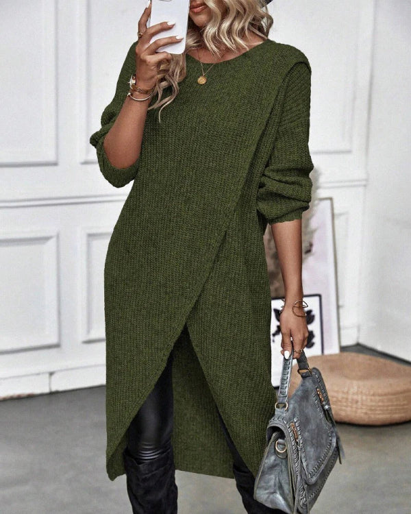Women's oversized ribbed wool knit long pullover in neutral tones with asymmetrical wrap design