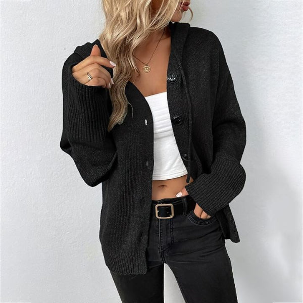 Women's relaxed-fit hooded knit cardigan in neutral tones, wool blend cozy layer for casual fall styling