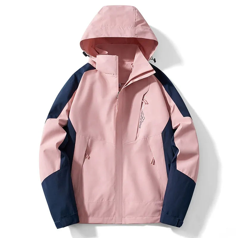 Men's water-resistant outdoor jacket with adjustable hood, zipper closure, urban trail style